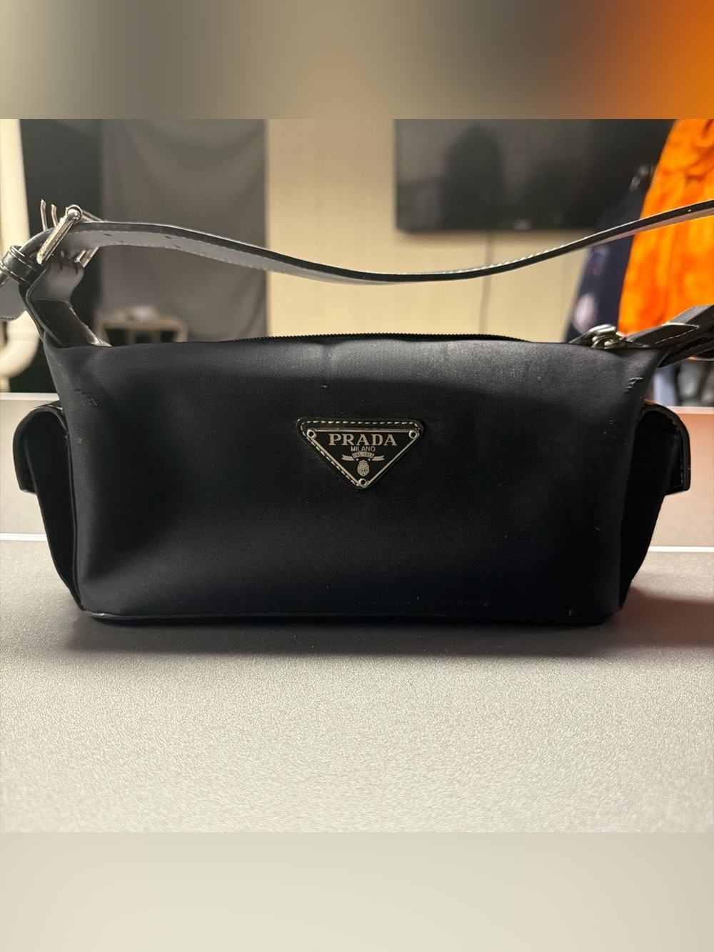 Prada Black Shoulder Bag Logo Accent Zip Closure Silver Hardware Side Pockets